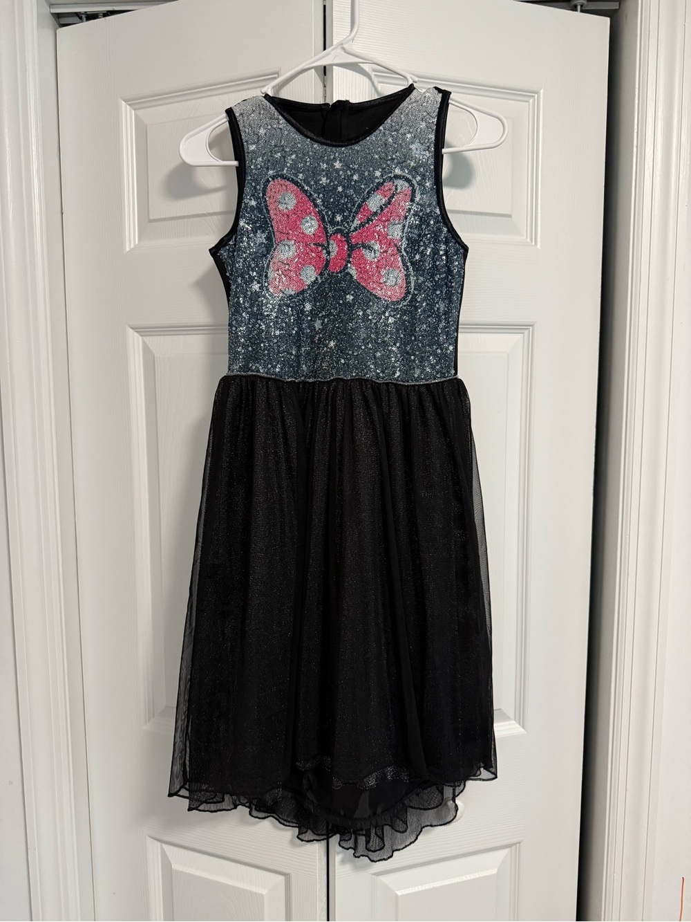 Girls Disney Minnie Mouse Black Sparkle Tulle Dress with Pink Bow Accent
